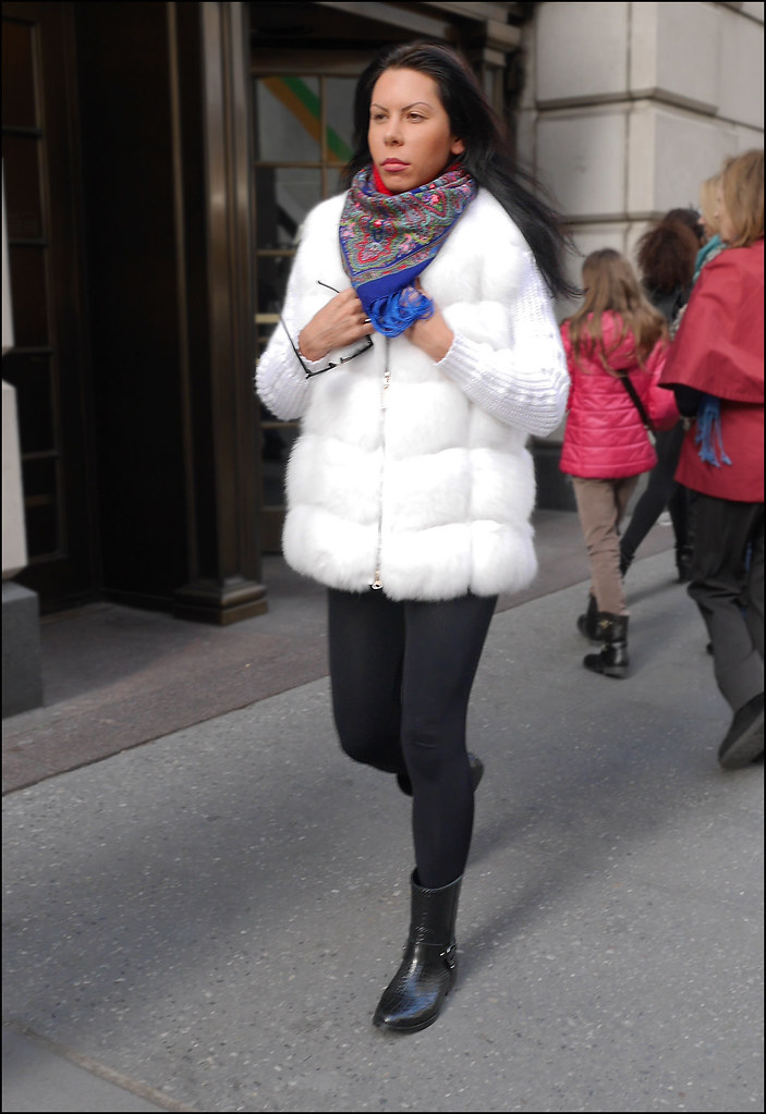 ss11-14 6w white fur coat knit sleeves black leggings print scarf ol