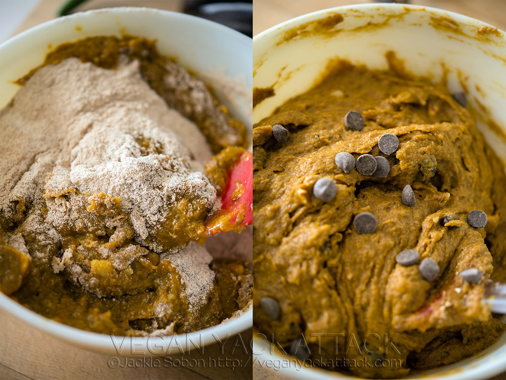 Image collage of mixing pumpkin banana nut muffin batter