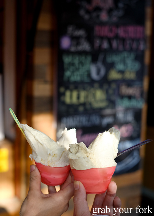 Durian, fior di latte, honey pistachio and yerba mate gelato at Helado Jauja, Carlton