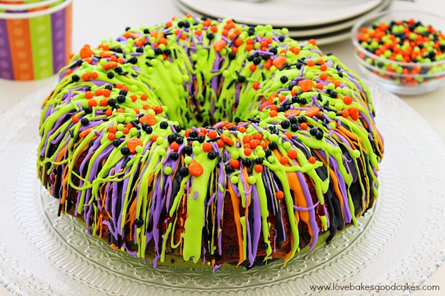 "Oooh" and "aah" your guests with this impressive Halloween Bundt Cake! It is so colorful and it's easy to make.