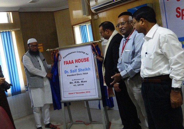 Dr Saif Sheikh (right), Vice President (Business Development & Finance), Jina Pharmaceuticals Inc, Illinois (USA) laying the foundation of FAAA House in USTM campus, in presence of senior functionaries of RIST & USTM, on Monday.
