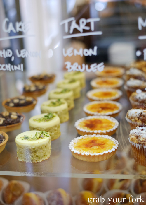 Pistachio cake and lemon brulee tarts at Tivoli Road Bakery, South Yarra