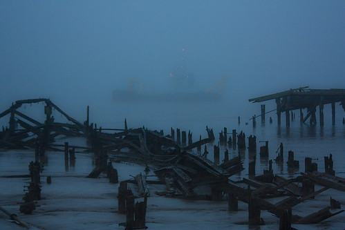 wood trestle blue mist black water fog river lights boat ship silent mud timber decay vessel estuary ethereal hull rotten derelict navigation vapour piles humber jetties dredger alexandradock ukdseahorse sydyoung