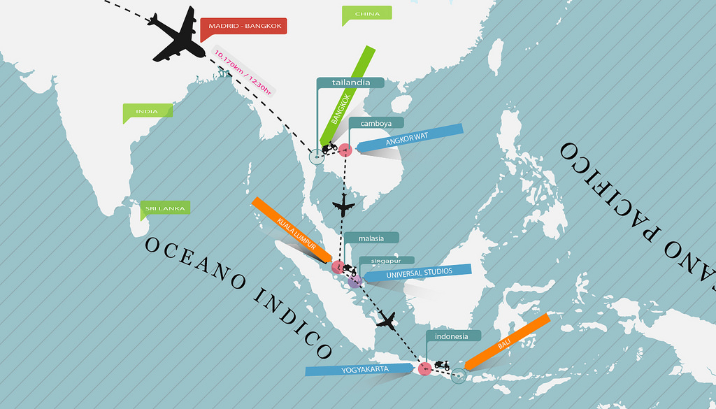 sudeste asiático: Mapa de la ruta de 21 días por el sudeste asiático