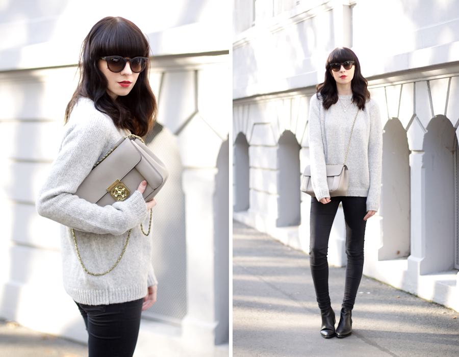 French autumn look outfit ootd styling Jades24 pullover knit grey Monnier Frères Chloé bag nude pink sunglasses Gucci blogger fashionblogger german beautyblogger ricarda schernus cats & dogs blog 2