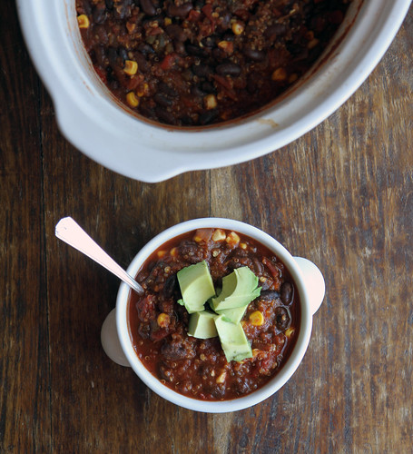 chili with roasted tomatoes, black beans, and quinoa