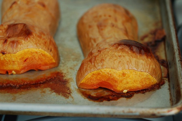 Roasted butternut squash halves by Eve Fox, The Garden of Eating, copyright 2014