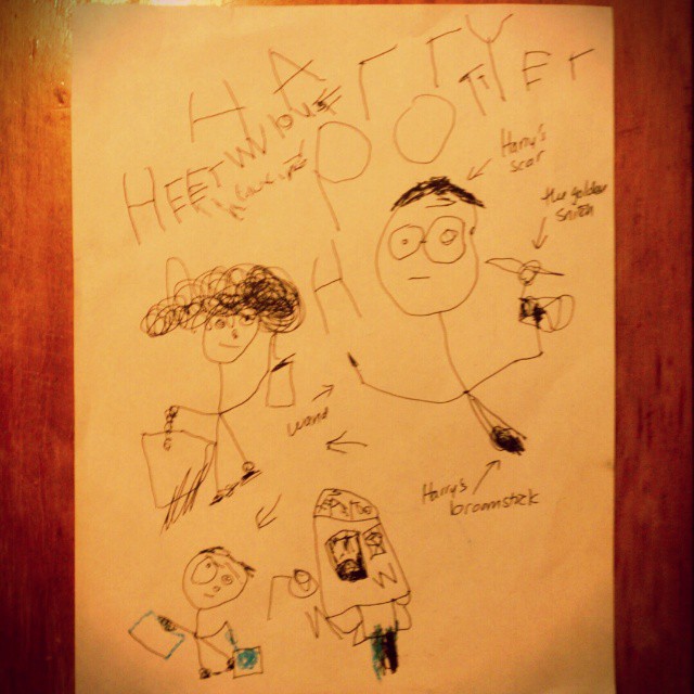 Last night Z and I watched Harry Potter & today she surprises me w/ this drawing of Harry catching the Snitch and Hermione and Ron brewing potions. #kidart