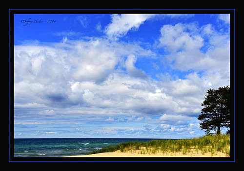 blue lake tree beach up clouds sand michigan north manistee onekama