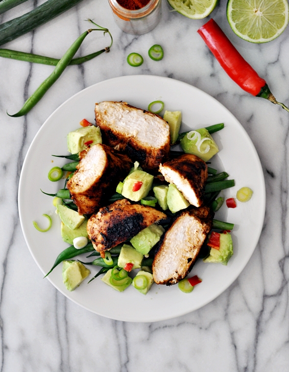 Green Bean Salad with Cajun Chicken and Avocado-Lime-and-Chilli Salsa