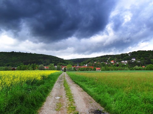 road blue sky green nature weather clouds forest germany landscape deutschland countryside town spring hessen path hills fields hesse