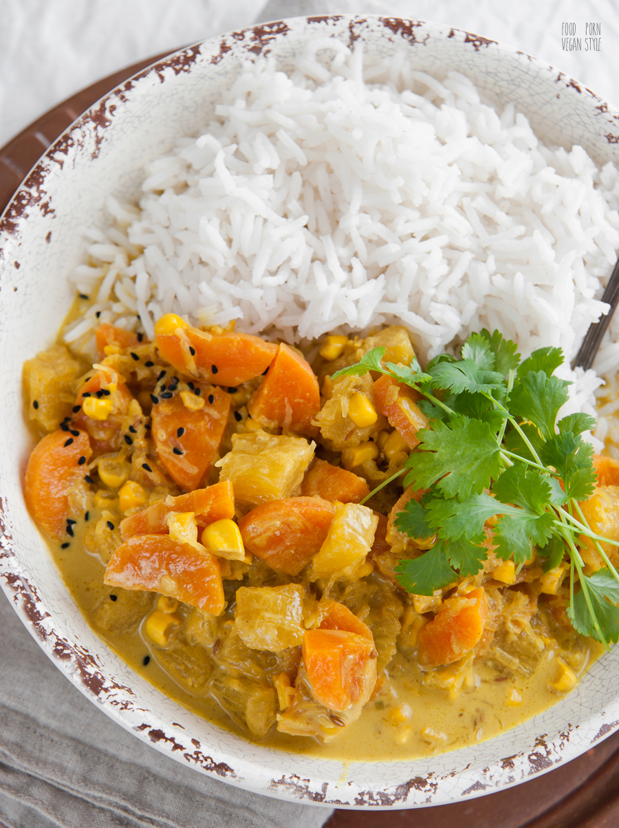Vegan Korma, creamy curry with seasonal vegetables
