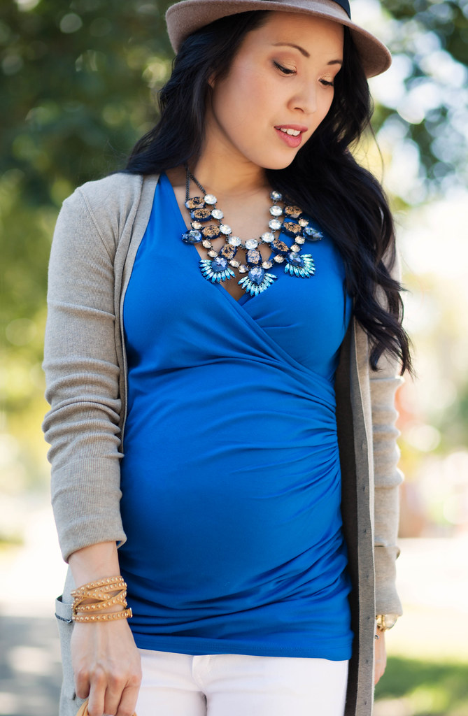 cute & little blog | petite fashion | maternity baby bump summer fall style | isabella oliver bromley wrap top, long taupe cardigan, white skinny jeans, baublebar statement necklace, teal tote, nordstrom wool fedora | second trimester 26 weeks