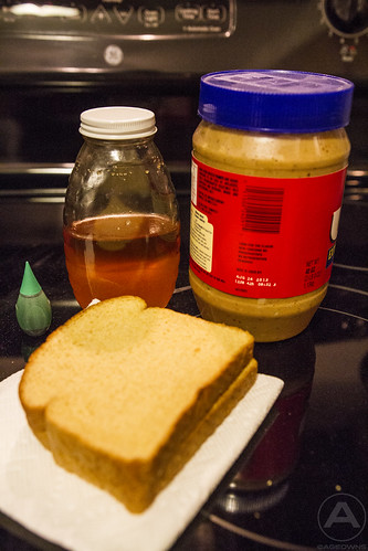 1. You need (chunky) Peanut butter, bread, honey and green food coloring