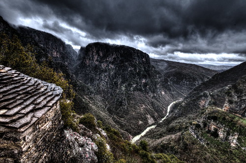horizontal outdoors nopeople view scenery gorge mountain rock sky clouds cloudy weather hiking river hdr highdynamicrange roof stone rooftile traditional building colour color cliff rocky agiaparaskevi monastery travel travelling february 2016 winter vacation canon 5dmkii camera photography monodendri μονοδέντρι vikos zagori ζαγόρια ιωάννινα ioannina epirus ήπειροσ greece ελλάδα