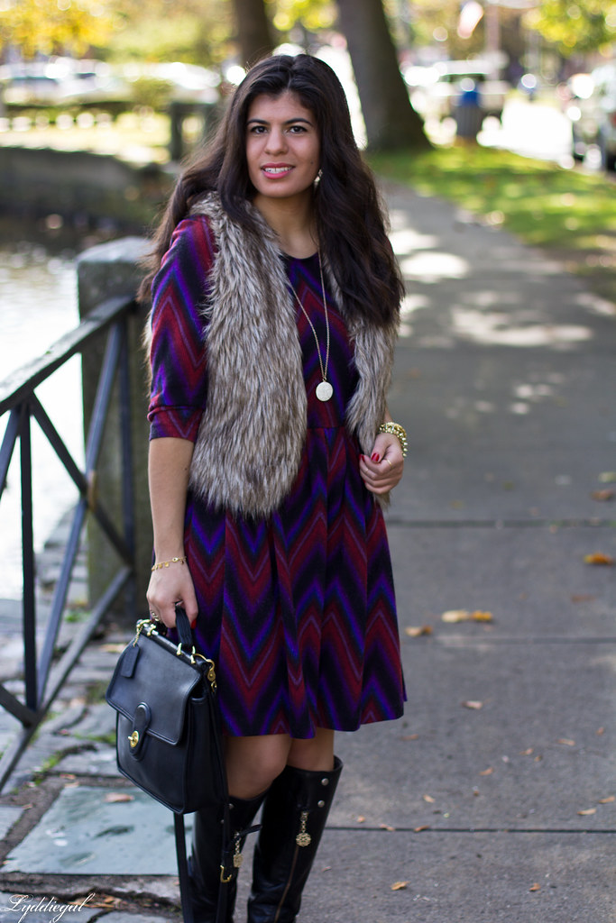 purple chevron dress, fur vest-1.jpg
