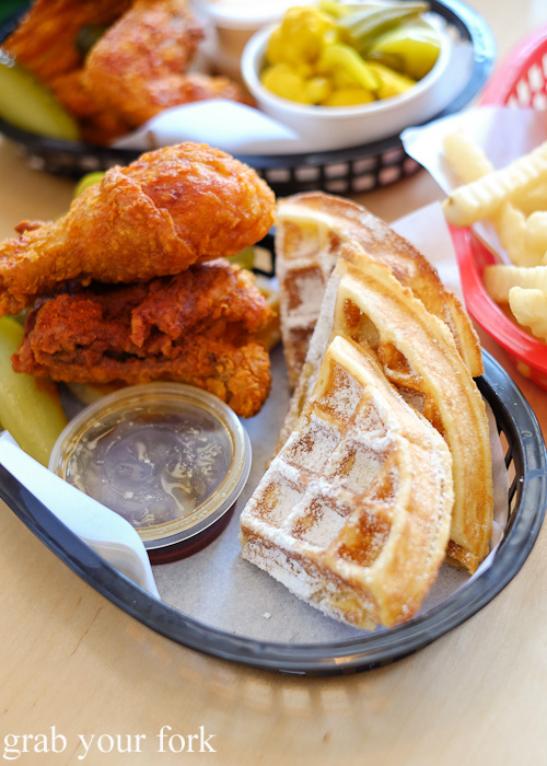 Fried chicken and waffles from Belle's Hot Chicken, Fitzroy