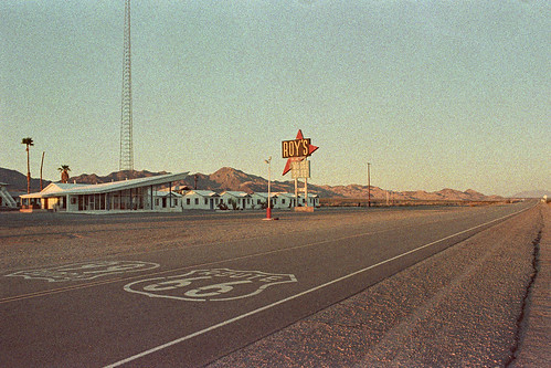 california road sunset west color abandoned sign analog america point landscape evening vanishingpoint cafe route66 stencil nikon closed desert dusk 28mm grain wide motel wideangle icon ishootfilm 66 route american highdesert mojave americana kicks shield lonely arrow 100 analogue grainy roadside nikkor googie vanishing desolate grainisgood vacancy coolscan manualfocus antenna golfball typology mojavedesert roys amboy implosion gloaming middleofnowhere cabins emulsion motherroad us66 f3hp 28mmf28ais adox eyetwist getyourkicksonroute66 bypassed f3t theicon filmexif filmtagger eyetwistkevinballuff colorimplosion