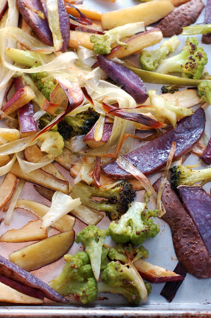 Roasted leeks, broccoflower, purple potatoes, sweet potatoes and parsnips by Eve Fox, The Garden of Eating, copyright 2014