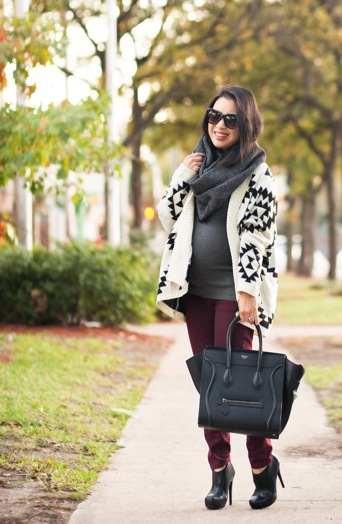 cute & little blog | petite fashion | maternity baby bump pregnant | herringbone infinity scarf, aztec cardigan sweater, burgundy pants, black booties, celine mini luggage | third trimester 28 weeks