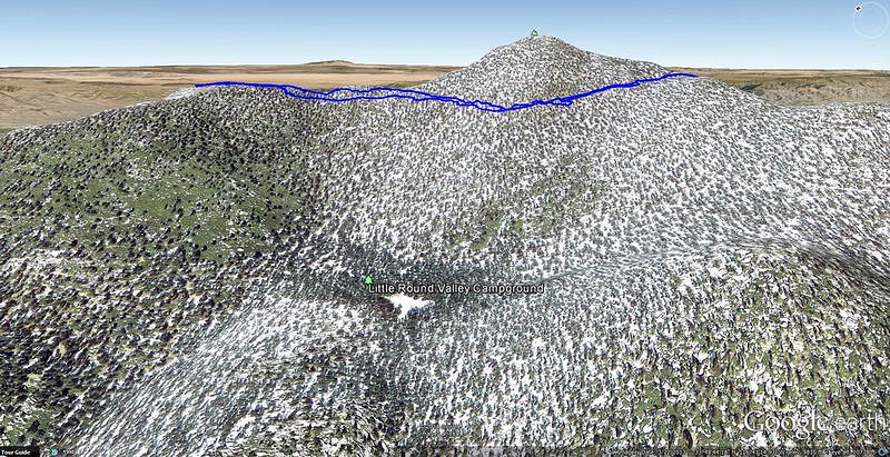 A Google Earth screenshot of our track showing the nearly level path we took sidehilling around the mountain to Folly Peak.