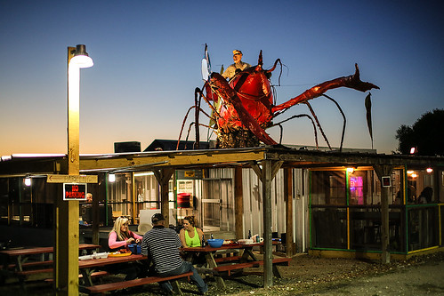 texas waller wallercounty crawfishshack gaintcrawfish restaurant flags cowboy fiigure street road tree cones parkinglot sunset twilight lights signs