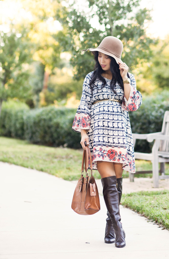 cute & little blog | petite fashion | maternity baby bump pregnant | boho fall outfit | wool floppy hat, chicwish boho floral dress, michael kors bromley over knee boots | second trimester 25 weeks