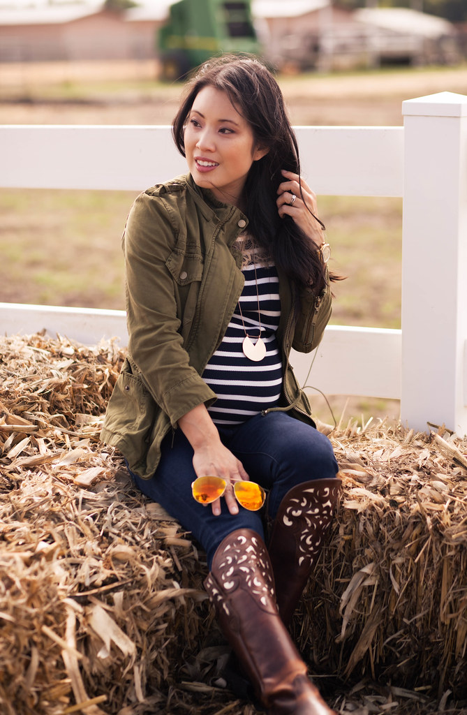 cute & little blog | petite fashion | storybook ranch fall pumpkin patch | dallas mckinney | utility jacket, striped lace yoke, bdg grazer jeans, ariat hacienda over the knee cowboy boots, oakley caveat aviators | fall maternity baby bump pregnant outfit