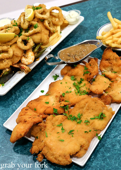 Seafood platter and chicken schnitzel at The Goni's Schnitzelria, Marrickville