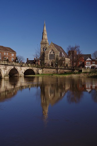 shrewsbury english bridge severn river water reflection sky blue clear light stone