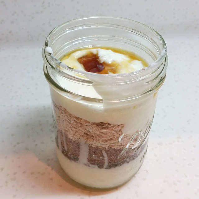 Chia seeds, flaxseed meal, oats, yogurt, and maple syrup. Its so good. I made it for my snack tomorrow but it tasted so good, Soph and I ate it tonight as dessert. #daphneskitchen