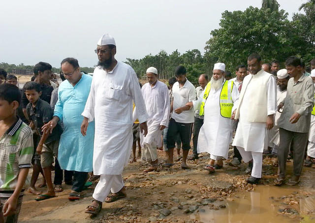AIUDF leaders including party general secretaries Hafiz Bashir Ahmed Qasimi (front right) and Aminul Islam during their visit at a flood affected area in lower Assam recently.